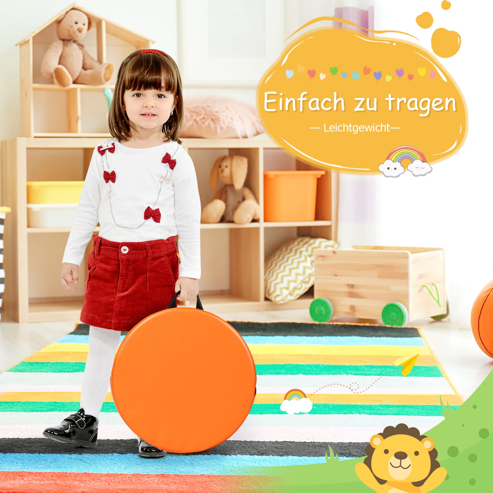DREAMADE 6 PCS Bodenkissen mit Griff, Rundkissen aus Schaumstoff & PU, Stuhlkissen Sitzkissen für Kinder zur Farberkennung, Für Wohnzimmer, Kinderzimmer, Esszimmer, Garten (Rund, Bunt)