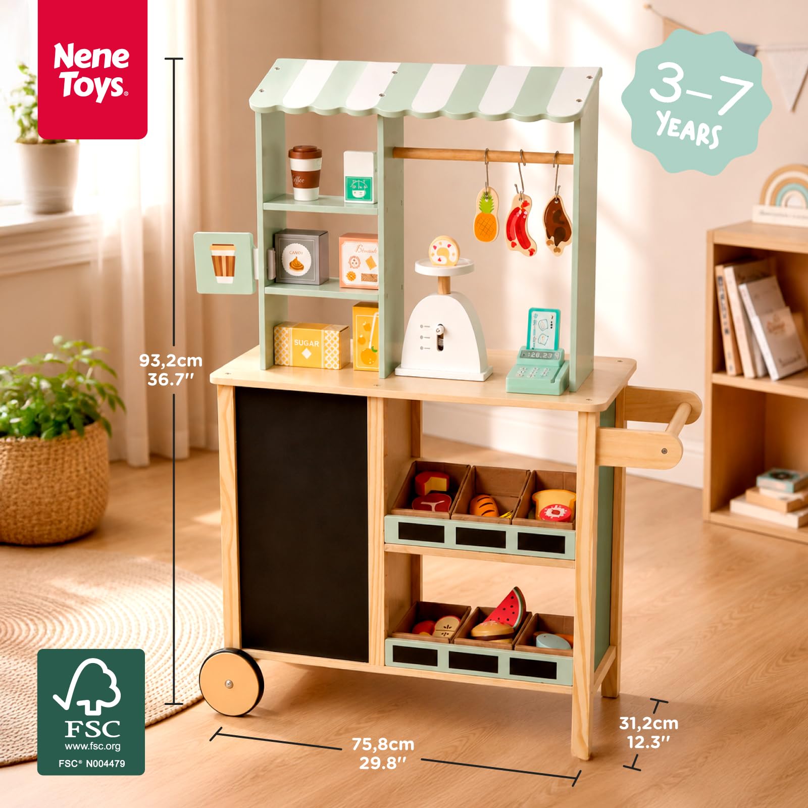 Nene Toys Drewniany Sklepik z Supermarketem – Stragan 2-w-1 z Kasą, Wagą, Tablicą, Haczykami, Uchwytami i Kółkami – Rewers z Piekarnikiem – Zabawka dla Dzieci 3–7 Lat
