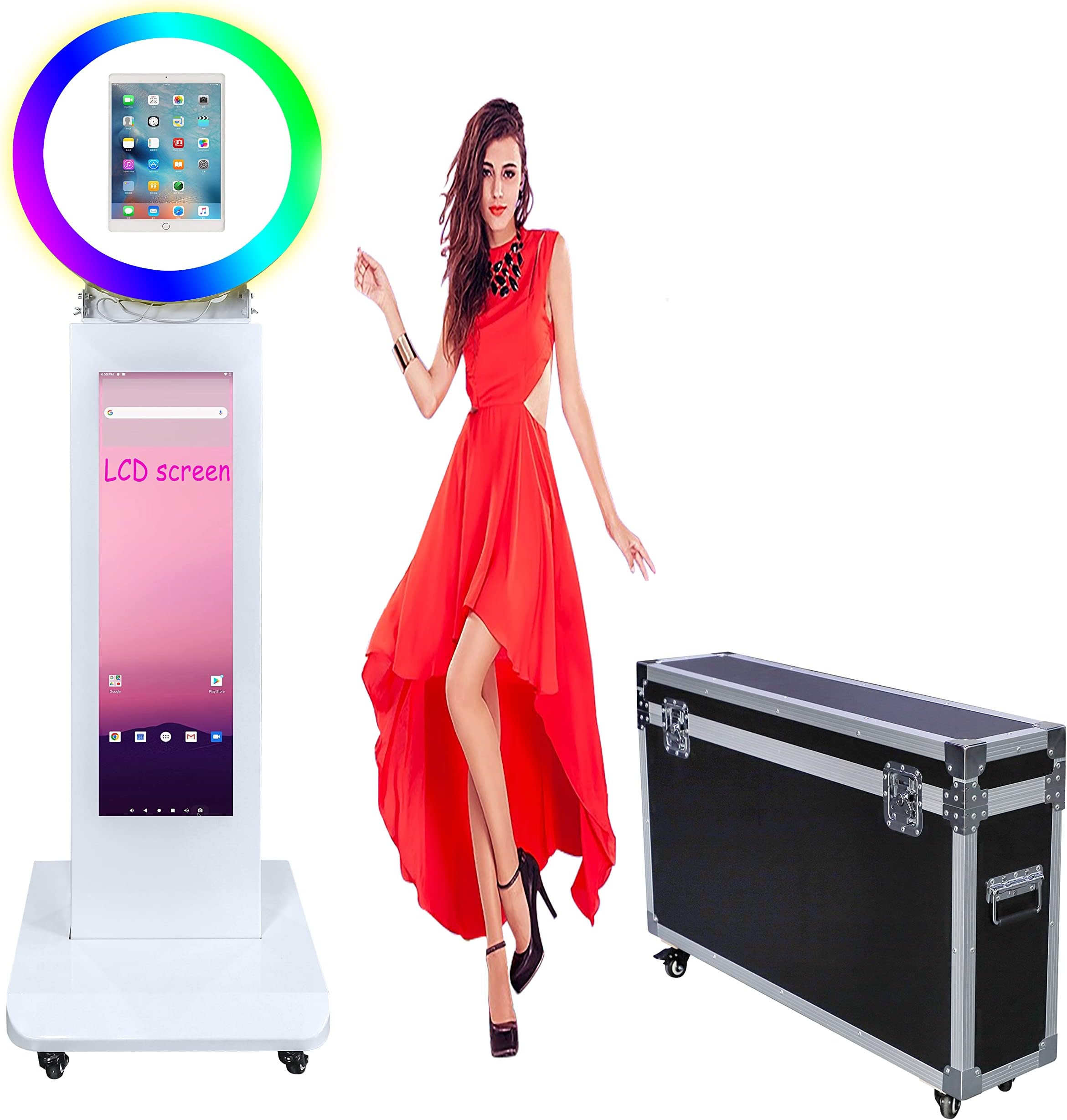 NETSOLARPortable Photo Booth LCD Screen with Software for iPad 10.2" 10.9" 11" 12.9" Photobooth Stand Shell Selfie Machine with APP Control and RGB LED Ring Light and Flight Case for Parties Rental