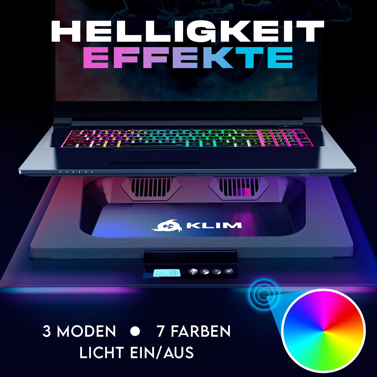 KLIM Everest Plus Gaming Laptop Kühler - Cooling Pad 6300 RPM Turbo-Lüfter | Starker DC-Laptop-Kühler mit Turbo-Lüftern, RGB-Beleuchtung, Schaumstoff-Dichtung - kühlt schnell. Für Laptops 11-17,3 Zoll.