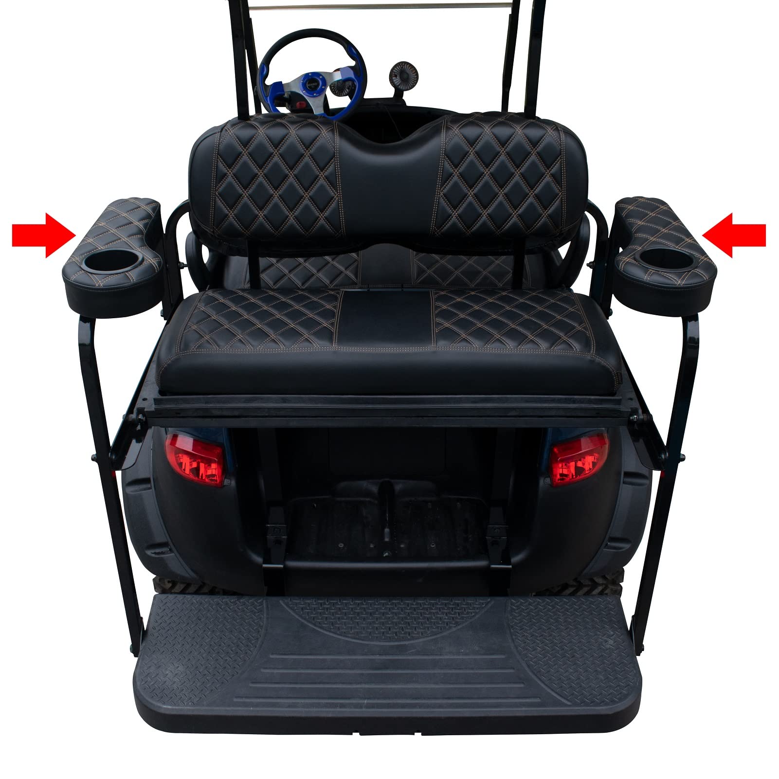 NOKINS Golf Cart Diamond Flip Armrest with Cup Holder, No Drilling, Inward Installation for Club Car EzGo Yamaha Rear Seat Kit Black