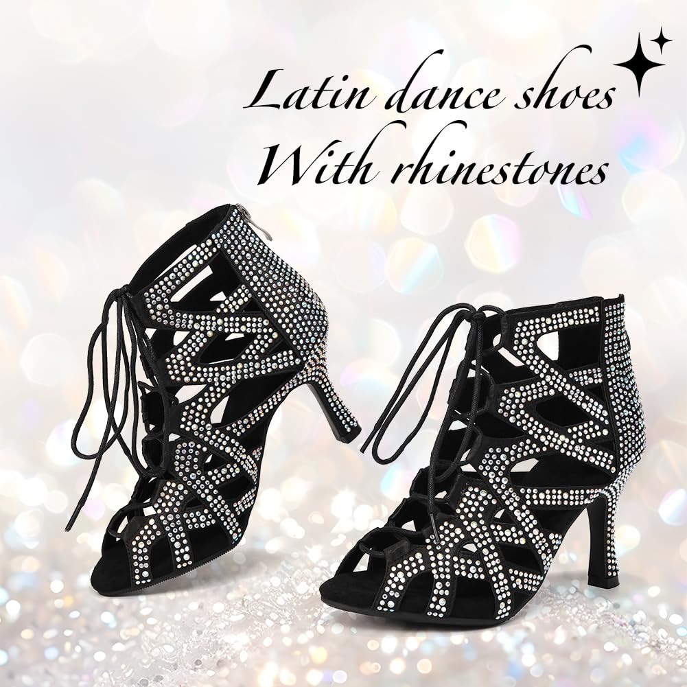 Stivali da Ballo Latino Americano Donna con Punta Aperta Strass con Tacco Scarpe da Ballo Donna