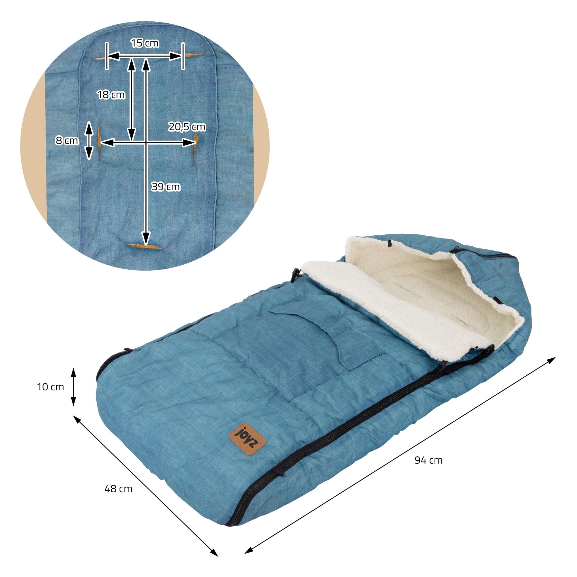 Joyz Saco Cubrepiés para Bebé Manta Capazo Azul Vaquero Poliéster 94x48x10 cm Forro Cálido para Invierno Universal Reposacabezas y Cremallera para Cochecito/Silla de Paseo con Aberturas para Cinturón