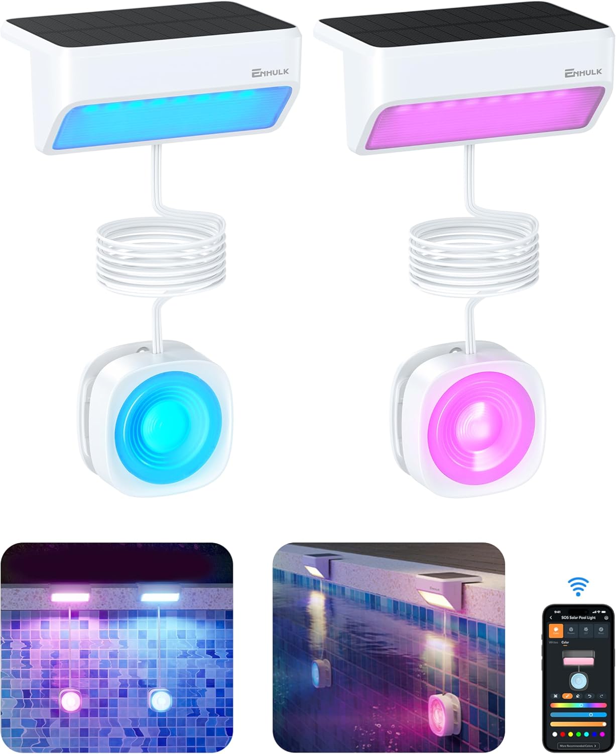 Enhulk Solar Pool Lights with RGBW APP Control,IP68 Waterproof LED Light for Above Ground Pool,Poolside Smart Pool Light,Smart Solar Pool Lights Inground for Garden, Pond, Patio,2 Pack Dark White