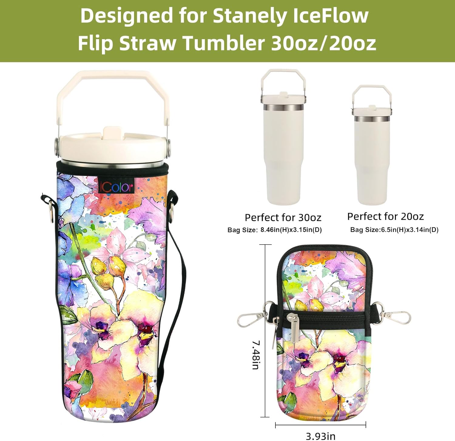 icolor Water Bottle Carrier Bag for Stanley IceFlow Flip Straw Tumbler 20/30oz Stanley IceFlow Mug Carrying Holder Neoprene Sleeve Stanley Cup Accessories Pouch Crossbody Sling for Travel Fitness