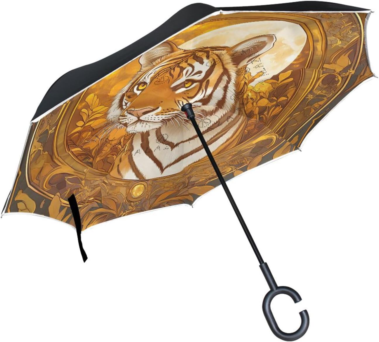 Art Tiger Portrait Inverted Umbrellas for Rain Windproof Reverse Upside Down Golf Umbrella with C-shape Handle for Men Women