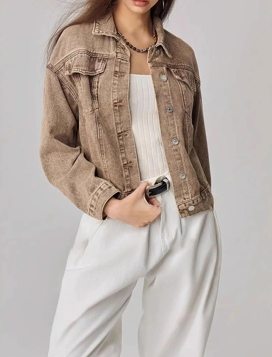 loveimgs Women Casual Button Down Cropped Denim Jacket Short Jean Coat Fall Shacket Barn Jacket Trucker Coat Lightweight