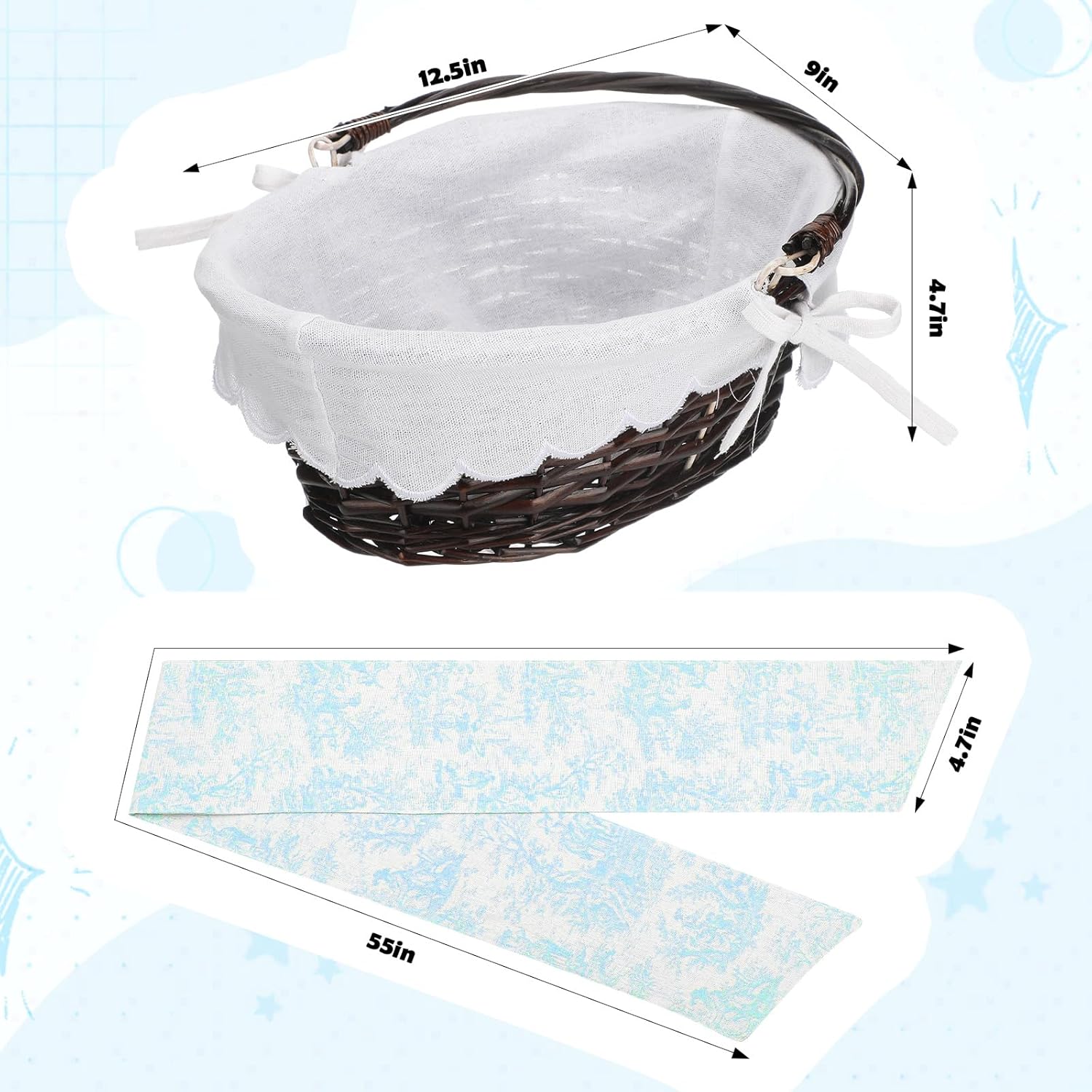 Qinyoung Easter Wicker Basket with Bow Large Blue Gift Basket with Handle Scallop Liner for Spring Picnic Egg Candy Gathering Diaper Caddy Changing Table Towels Wine Storage Wedding Decor