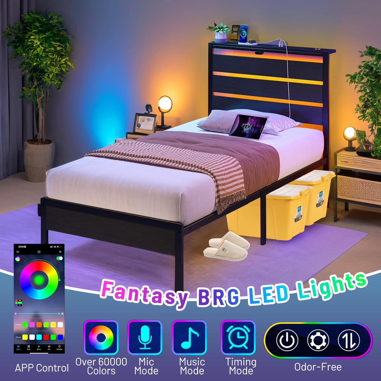 Marco de cama clásico de plataforma de metal, marco de cama individual con cabecero, soporte de listones de acero, marco de cama LED con estación de carga USB, almacenamiento debajo de la 2