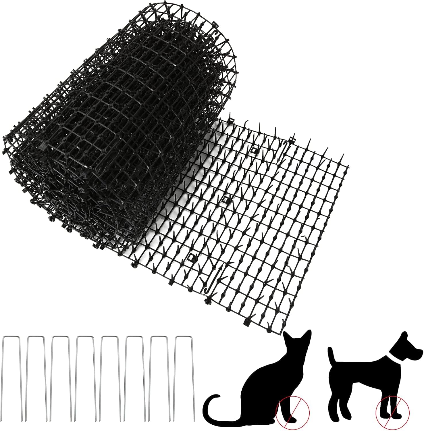 AKOLAFE Tappetino per gatti con 8 picchetti in metallo per esterni, 400 x 30 cm, anti punte, repellente per gatti, cani, volpi, deterrenti per scavare cani da giardino, gatti, volpi