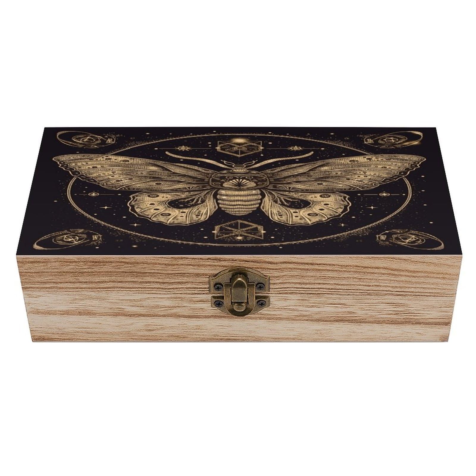 VstaDank Moth Wooden Box with Hinged Lid Handmade Wooden Jewelry Boxs Organizer Personalized Woodens Keepsake Box for Pictures Wedding Photo Jewelry Decorative Chest Rustic Crate