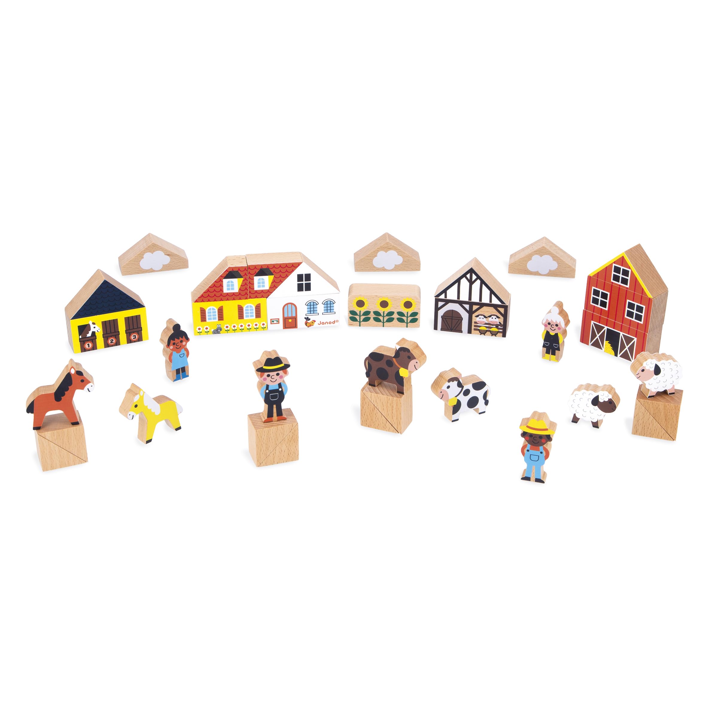 Janod - Set of 34 Solid Wood Cubes - Country Theme - Ideal Complement to Car Mats - Construction Toy - Develops the imagination - FSCTM Wooden Toy - From 2 Years - J05937