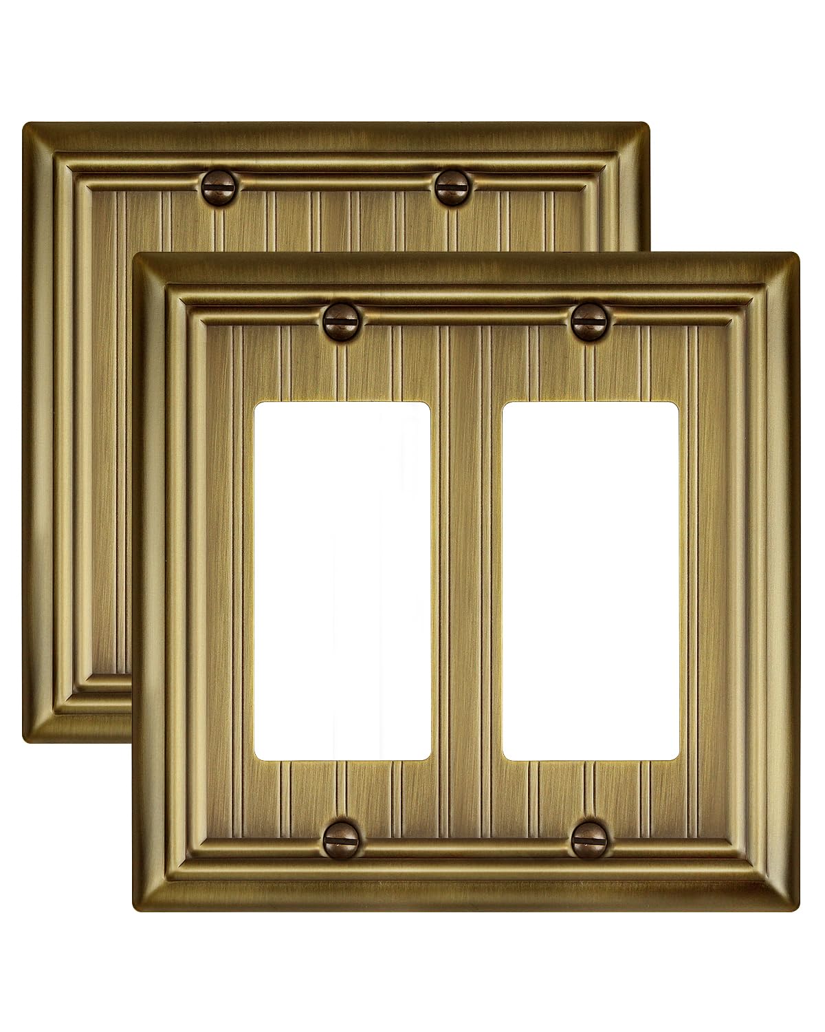 2-Pack Antique Brass Double Outlet Cover Plates, 2 Gang Metal Wall Plates for Electrical Outlets, GFCI, Dimmer Switch, Classic Beadboard Design, 4.96''*4.88'', Midsize-image-31