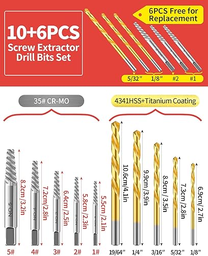 Miniatura 2 de Juego de 16 extractores de tornillos con brocas para zurdos, kit de removedor de pernos fácil de sacar para tornillos oxidados dañados y pernos