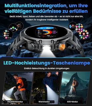 Smartwatch Men's Military 1000 mAh Battery/3 Bracelets/1.53 Inch HD Display Smartwatch with Torch 120+ Sports Modes Fitness Watch with Heart Rate/Sleep Monitor for Android iOS Black