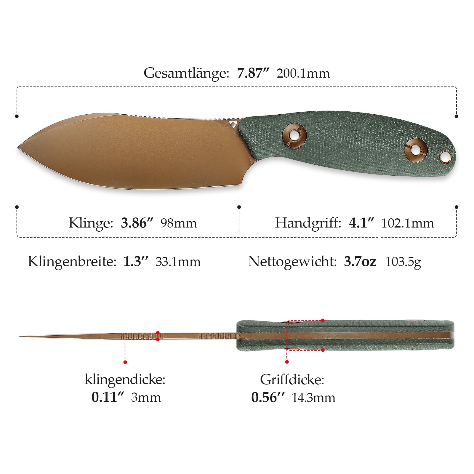TRIVISA Aubergine Outdoor-Messer, Feststehende Vollerl-Klinge mit Kydex-Scheide, 9,8 cm 14C28N-Stahlklinge Jagdmesser, Grüner Micarta-Griff, Outdoor-Messer für Camping (Grün)