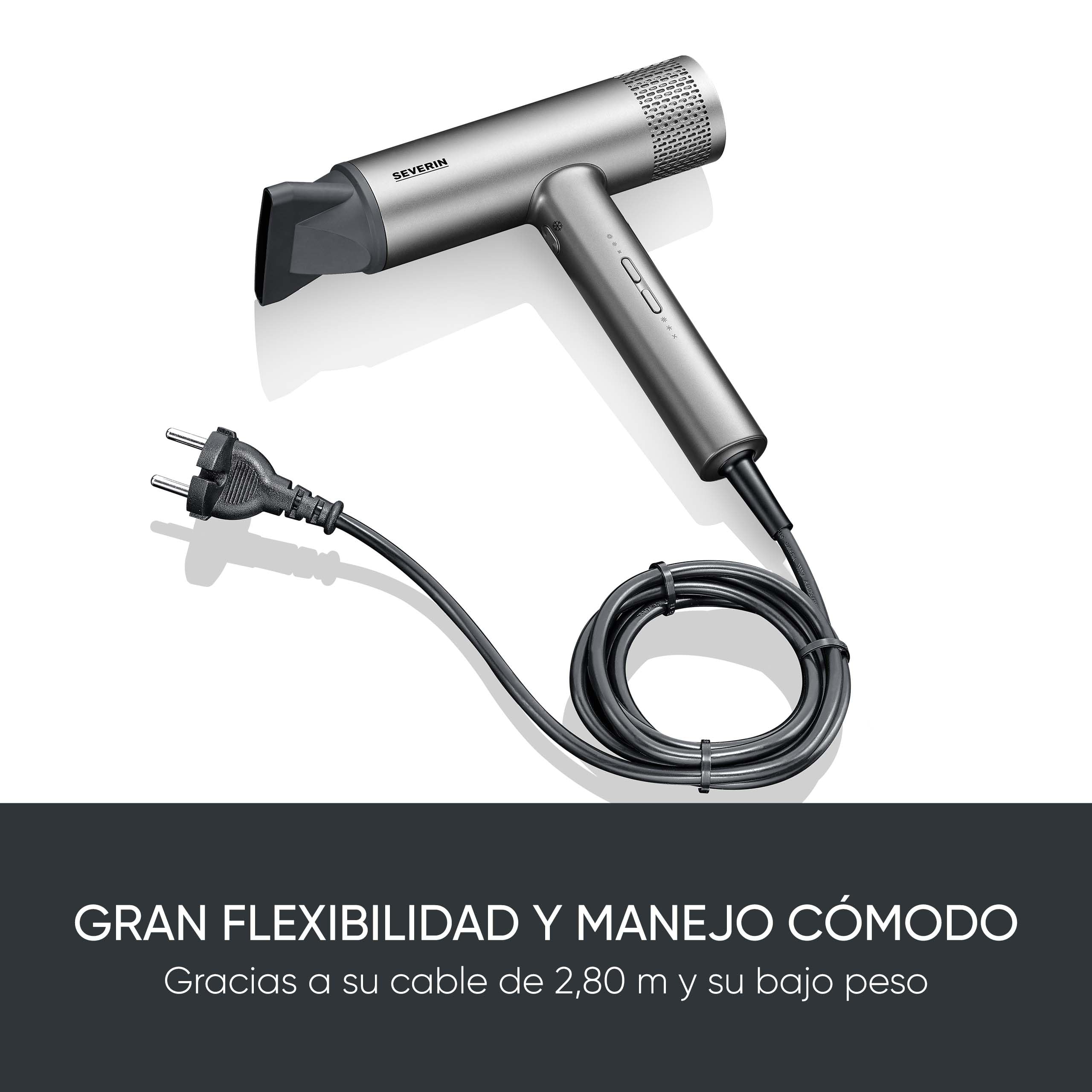 SEVERIN Secador de pelo de alto rendimiento con motor BLDC y tecnología iónica, Secador de pelo con difusor magnético y concentrador, Potencia de 2.000 W, Gris, HT 0169