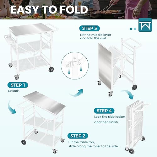Miniatura 4 de Carrito plegable para parrilla, mesa de metal para horno de pizza con 2 ruedas de bloqueo total, carrito plegable de isla de cocina de 3 estantes,