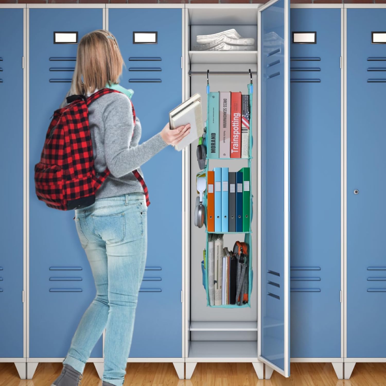 Locker Organizer Shelf, School Locker Organizer Hanging Fits Full or Half Lockers for Work, Gym, Garage, RV with Hooks and Side Pockets, Convertible from 3 to 2 Shelves, 36.6-24" Tall, Green