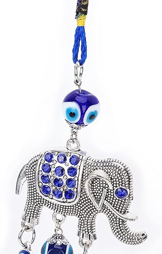 Miniatura 9 de Adorno colgante de coche de mal de ojo, adorno azul turco para colgar en la pared con diamantes de imitación, colgante de elefante y borlas, adorno
