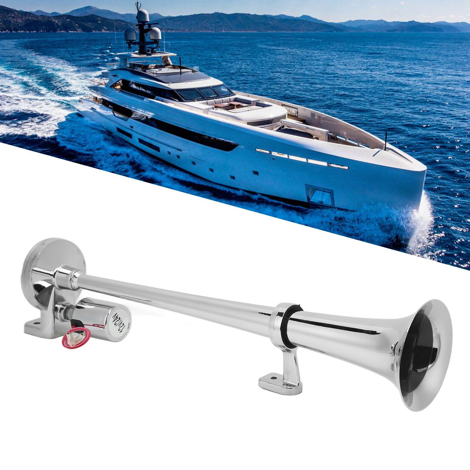 Tromba Elettrica Ad Aria, 12V / 24V Tromba Singola Marina per Barche Tromba in Lega di Zinco Cromatura Trombe 135dB Tromba Elettrica Marina per Barche RV Camion Moto