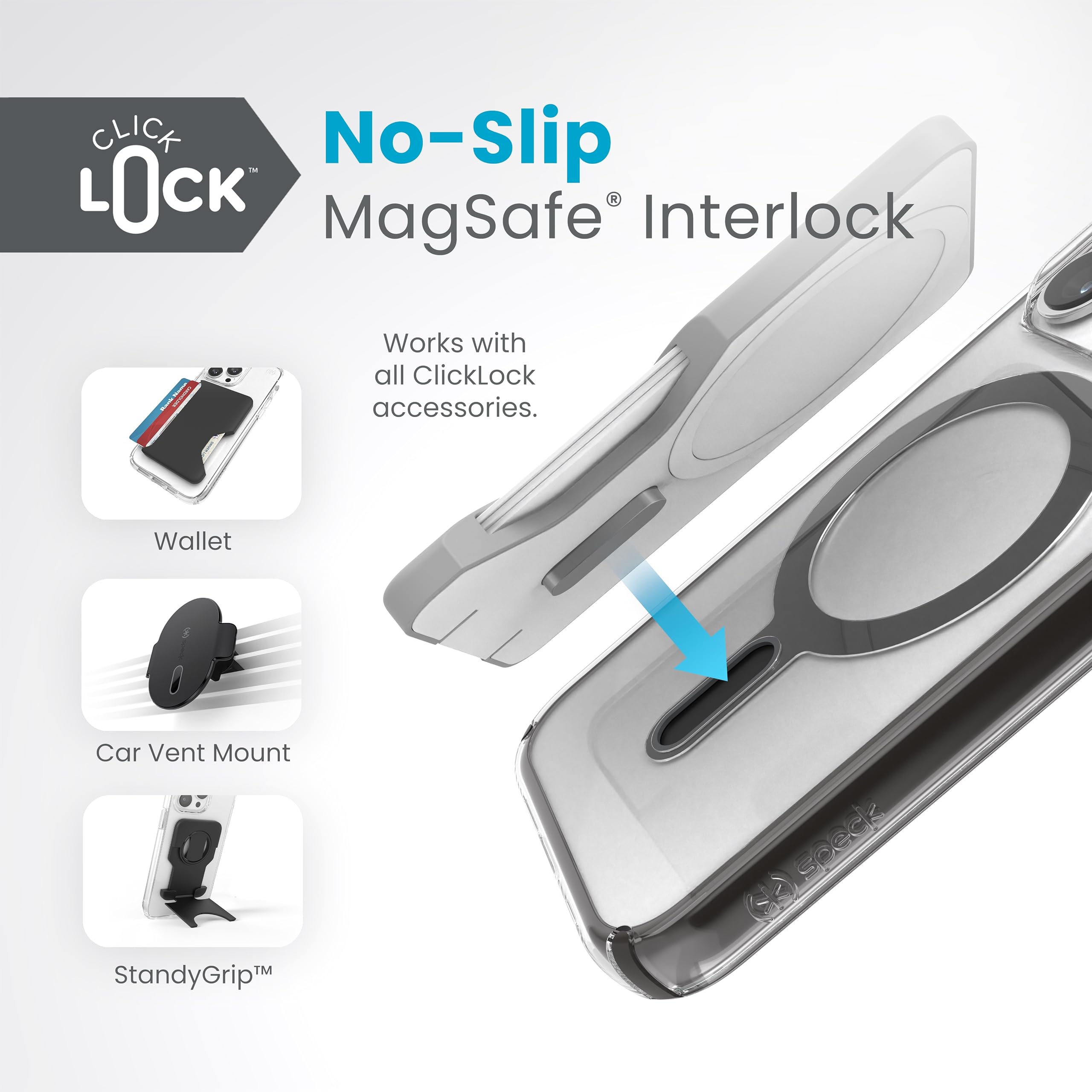 Speck Klare iPhone 15 Pro Hülle – ClickLock rutschfeste Interlock, gebaut für MagSafe, Fallschutz – Kratzfest, vergilbungsfrei, 6,1 Zoll – Presidio Clear/Frosted Black