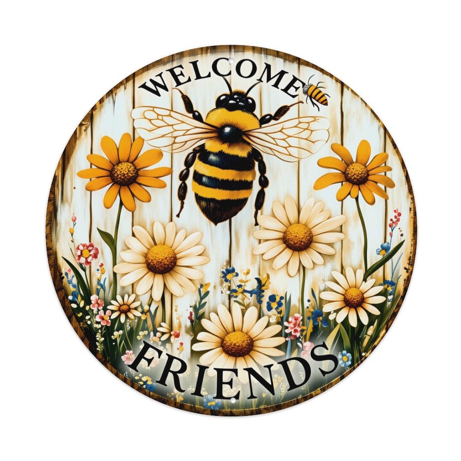 Bee Flowers Welcome Friends Wood Round Tin Sign Vintage Metal Poster, Home Bar Garage Man Cave Cafe Indoor & Outdoor Wall Decoration 8x8Inches