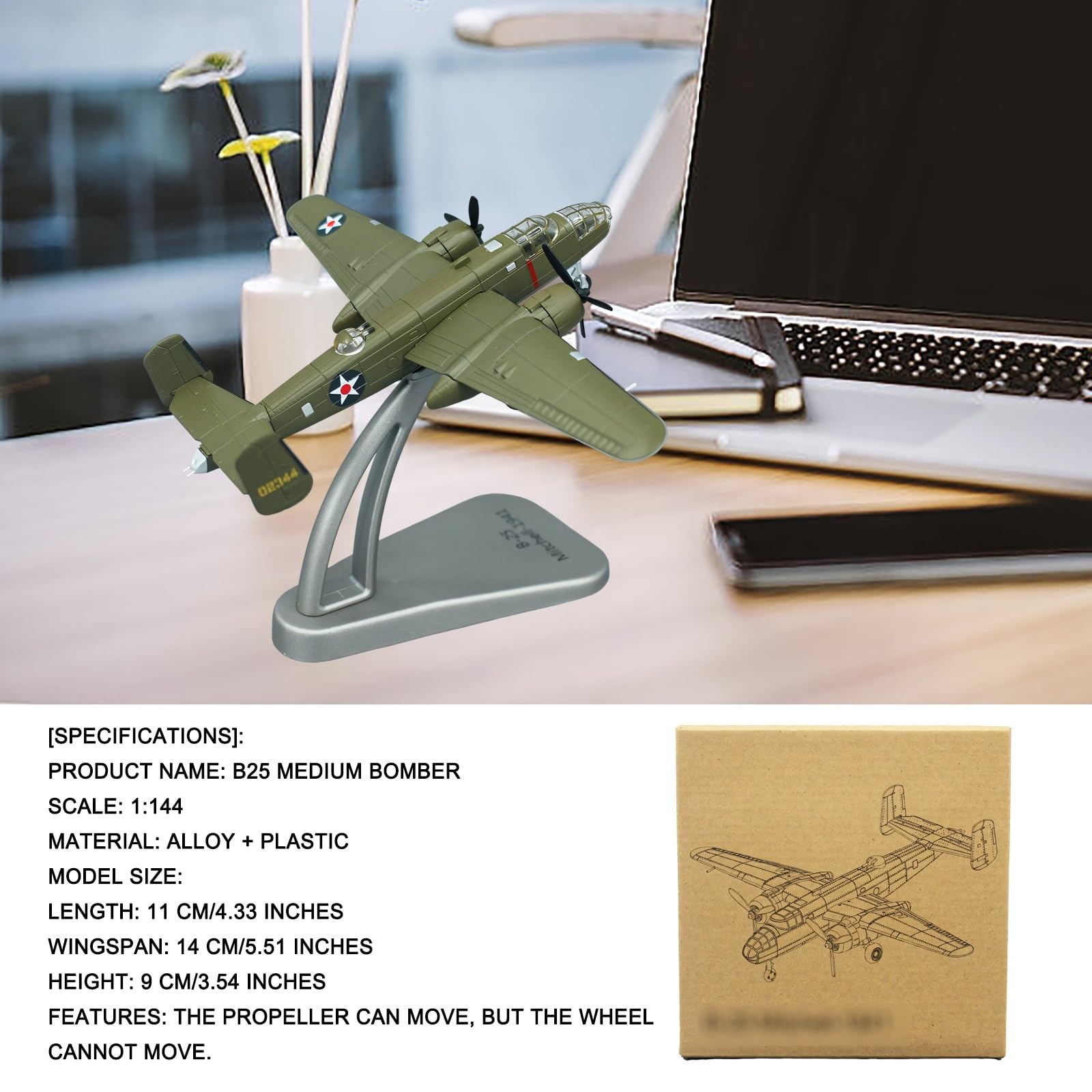 Modello Bombardiere Militare Lega Metallo B-25 in Scala 1:144 Eliche rotanti, espositore, Edizione Collezione Perfetto for Gli Appassionati di Aviazione, mostre scientifiche e Decorazioni