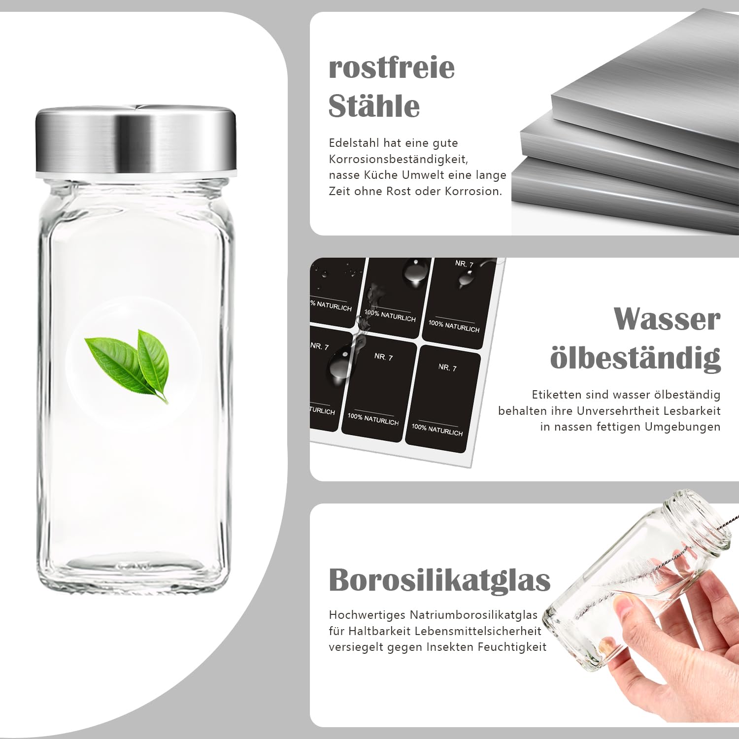 35 tarros de especias cuadrados, 120 ml botes especias cristal, con 120 etiquetas negras bellamente impresas, botes transparentes para especias cocina con tapa de acero inoxidable.