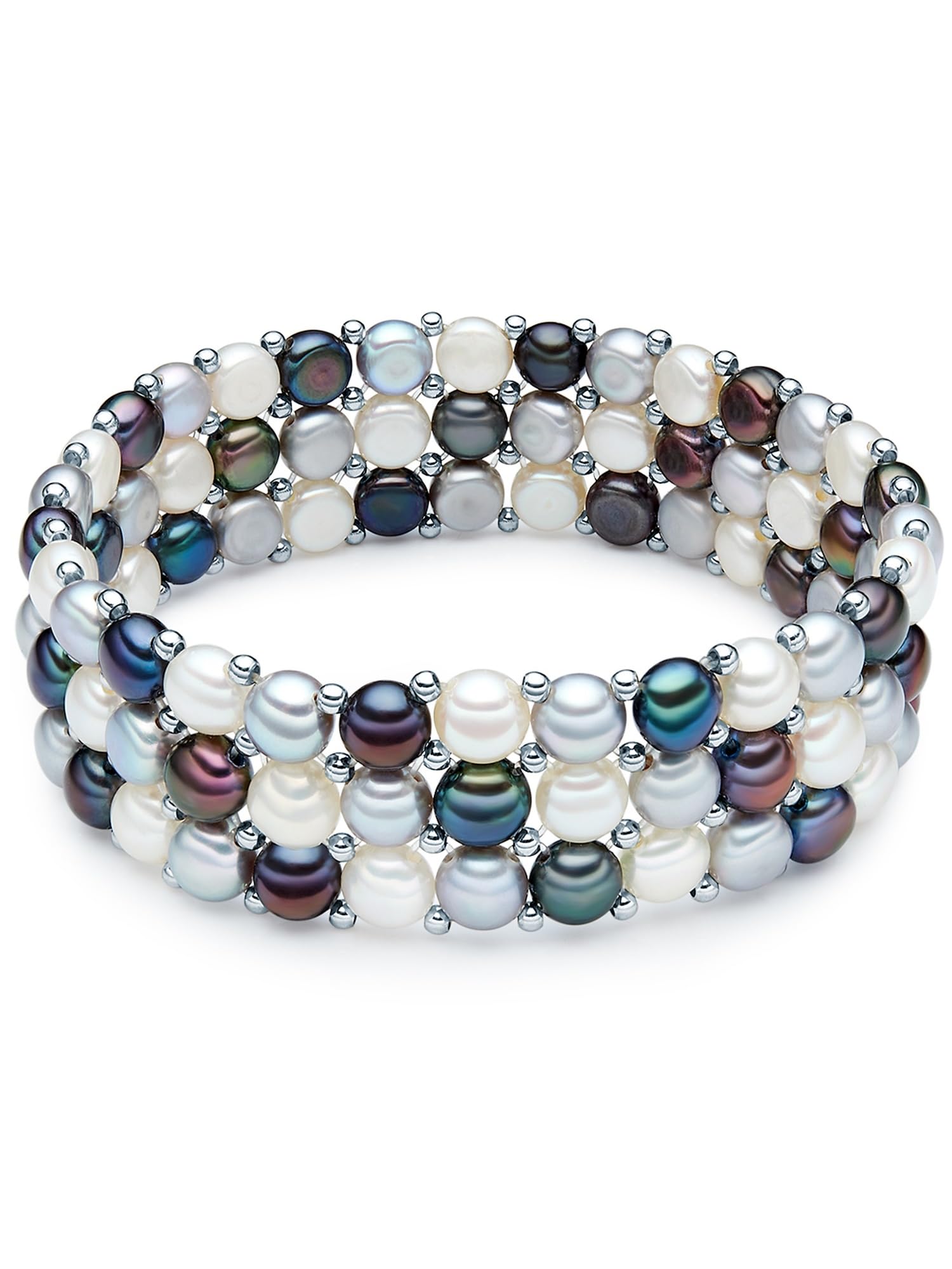 Valero Pearls Damen Perlenarmband Dreireihig mit Süßwasser-Zuchtperlen bunt | Perlengröße 5-6 mm,Button-Form,Multicolor,Weiß,Silber,Pfauenblau,Armband,Perlenschmuck,1,8cm Breit,Nylon,19 cm,flexibel