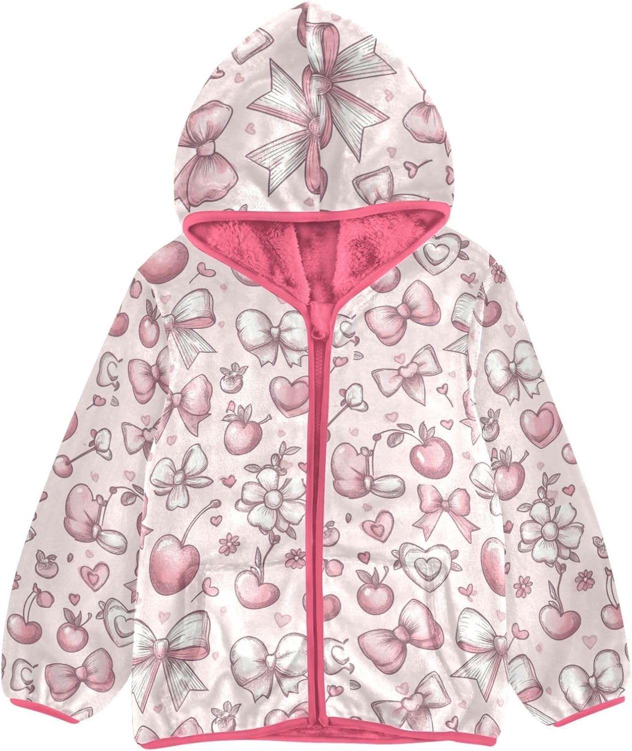 Girls Hoodie Outfit Cherry Bow Two Pink Pattern Zipper Sweatshirt Coat Fleece Jacket for Kids 3-10T