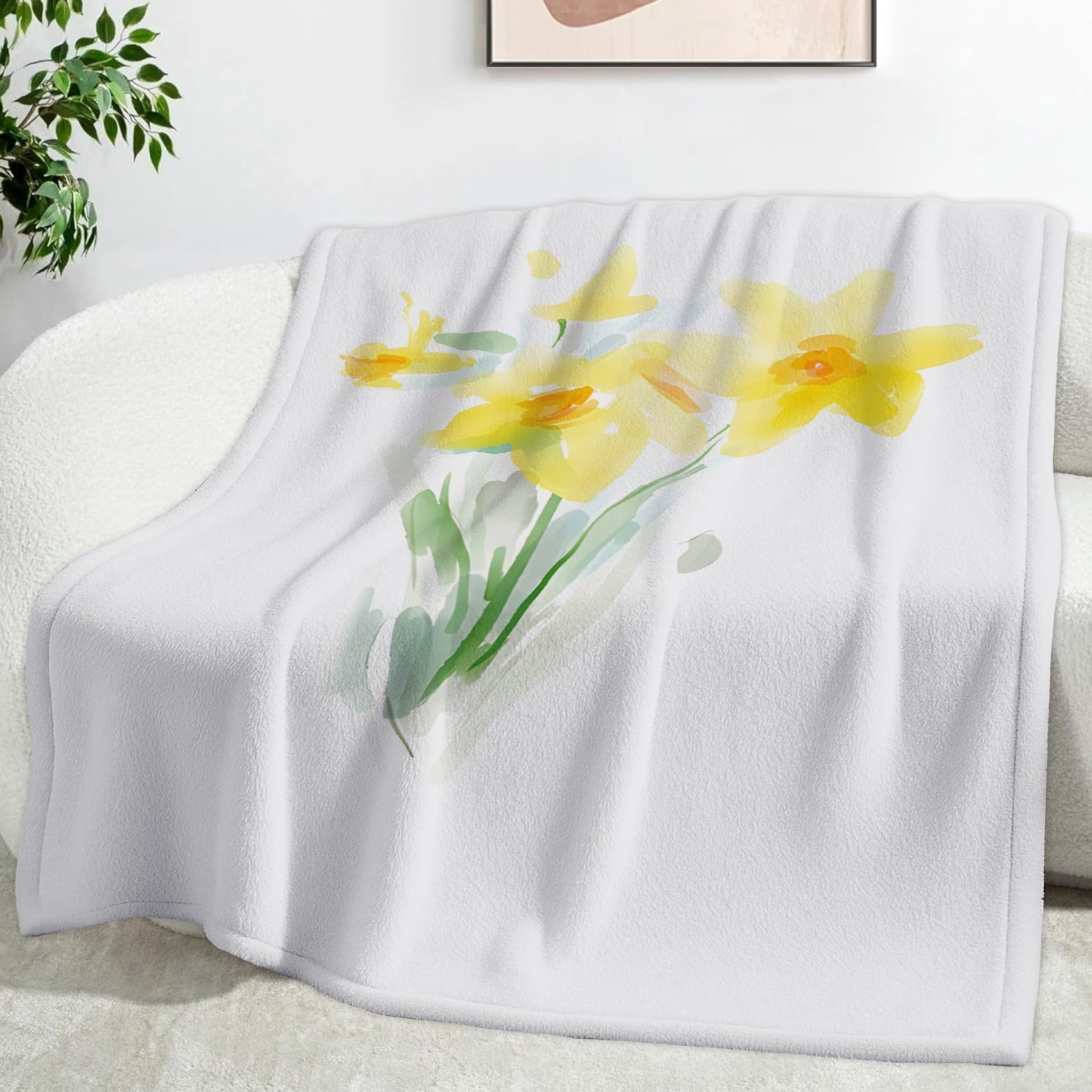 Couverture microfibre luxe motif narcisse aquarelle jeté de lit haut de gamme