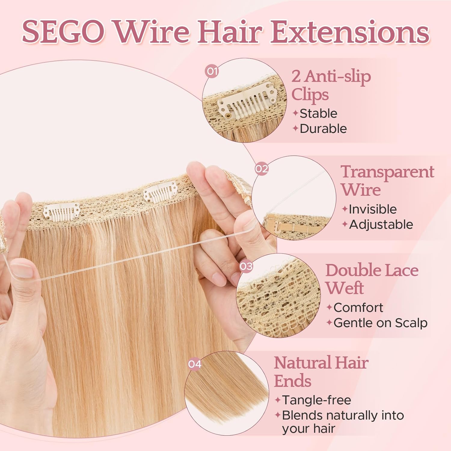 SEGO Invisible Wire Hair Extensions, Real Human Halo Hair Adjustable Wire Extensions, 2 Clips for Women Transparent Fish Line Extensions, Add Length, 16 inches, Golden Brown Mixed Bleach Blonde, 60g