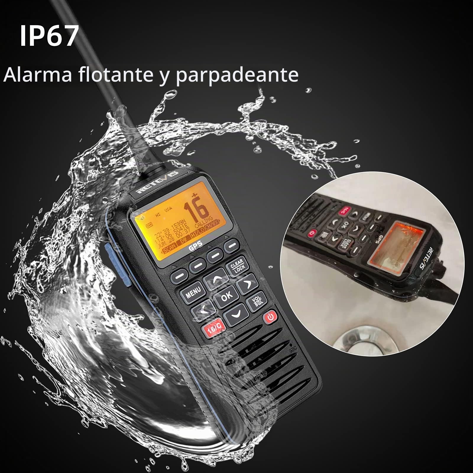Retevis RM40 Radio VHF Portátil Marina GPS, IP67 Impermeable Marine Radio | IP67 Impermeable, Profesional DSC, Bidireccional Flotante, Transceptor para Rescate, Guardacostas (Negro, 1 Pieza)