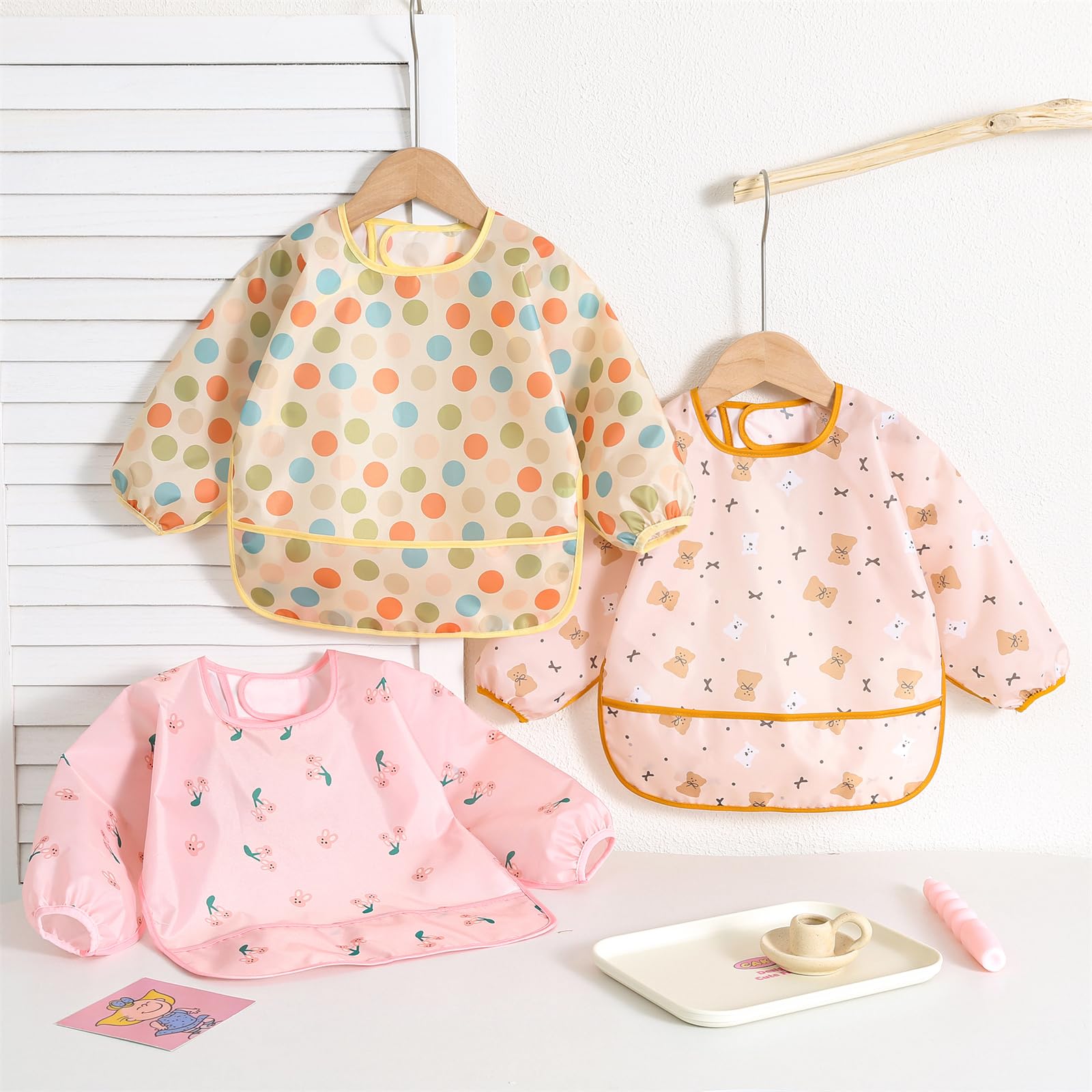 Bavoirs Manches Longues, 5 Pièces, Bebe Bavoir Imperméable Tablier d'Alimentation avec Poches 3-30 Mois