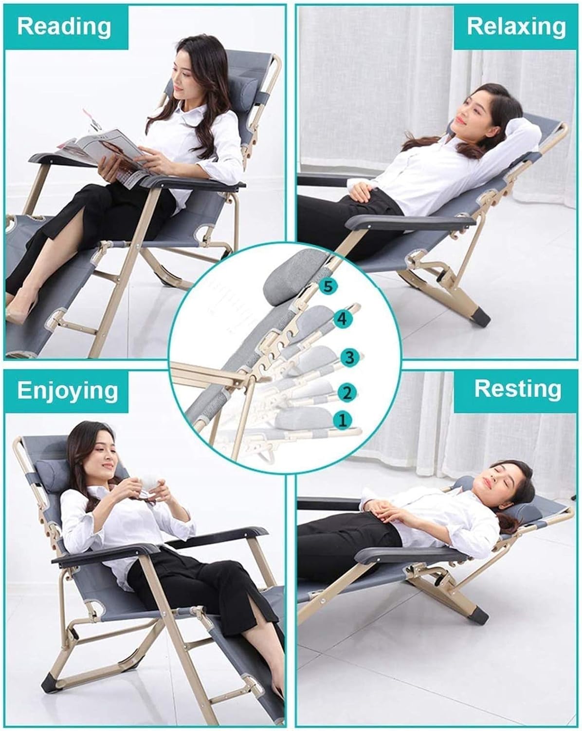 Lightweight Foldable Sun Loungers Deck Chairs Reclining Garden Chair Zero Chairs Relaxer Recliner Sunbed Adjustable for Patio Outdoor Camping Beach Gray Max.260kg