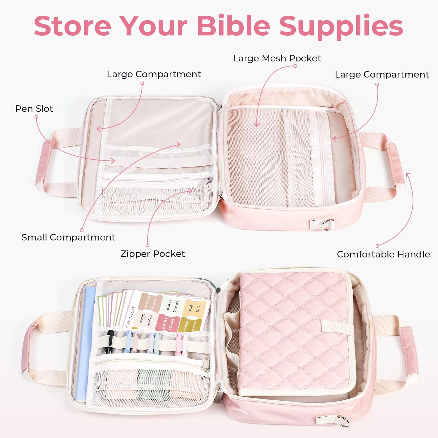Nicpro Large Bible Bag with Bible Cover Case for Women, Church Bag with Shoulder Strap,Quilted Cover for Bible Study Supplies Journaling Kit with Tabs Notes Highlighters Pens Christian Gifts for Women