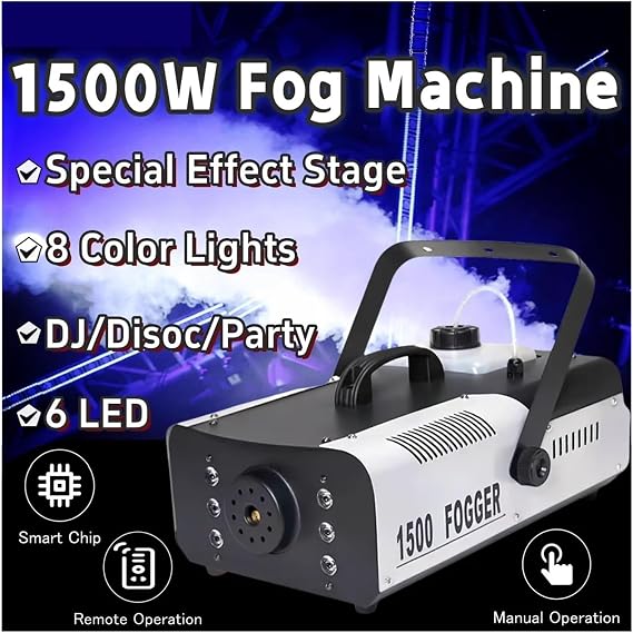 1500W 8 Color Lights Smoke Machine 6 LED Remote Control Fog Special Effect Stage Equipment For DJ Disco Party Wedding Higher Capacity Stronger Output