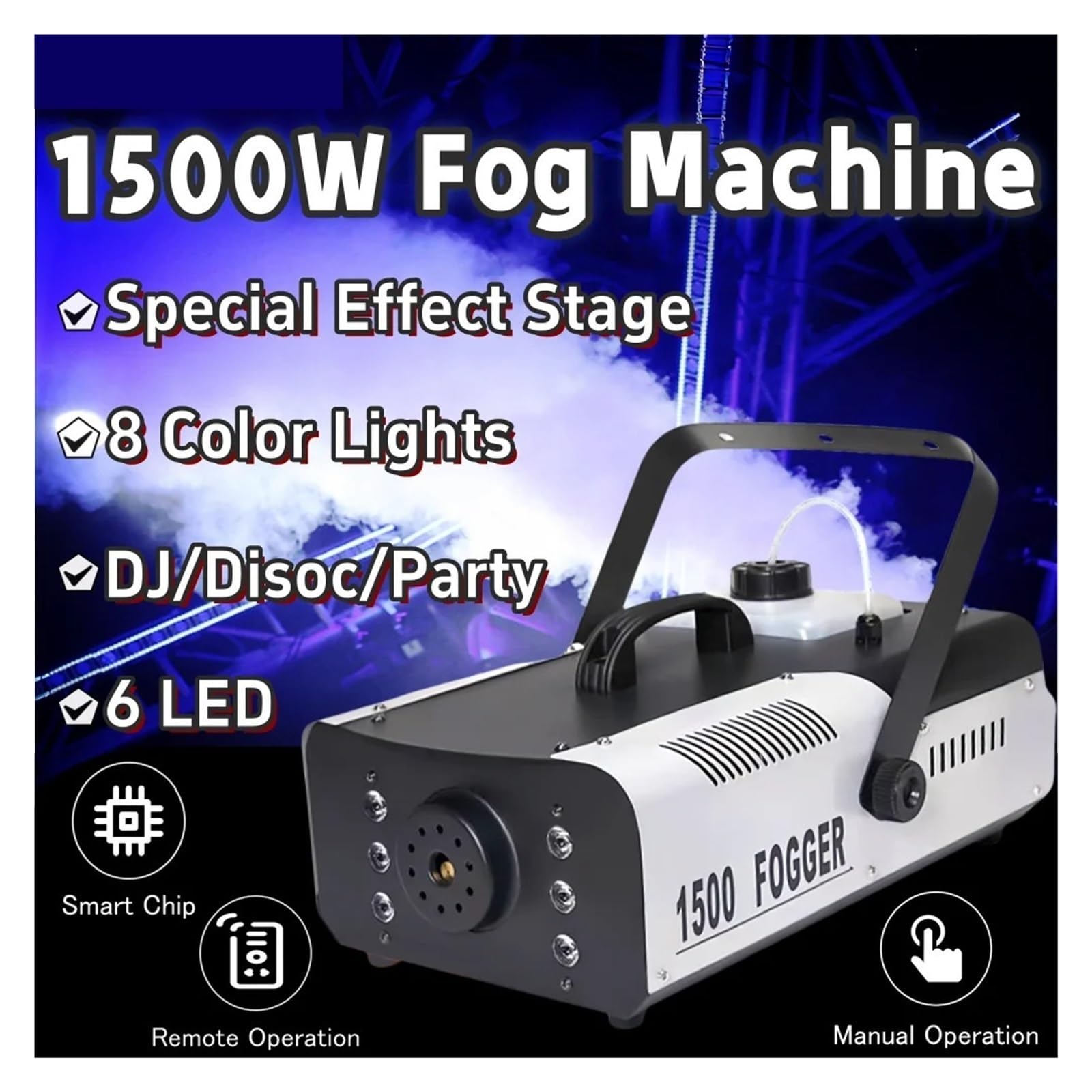 Macchina Del Fumo Con Luci Colorate Da 1500 W, 6 LED, Telecomando, Effetto Speciale, Attrezzatura Da Palcoscenico For DJ, Discoteca, Feste, Matrimoni Risparmio Energetico Potente