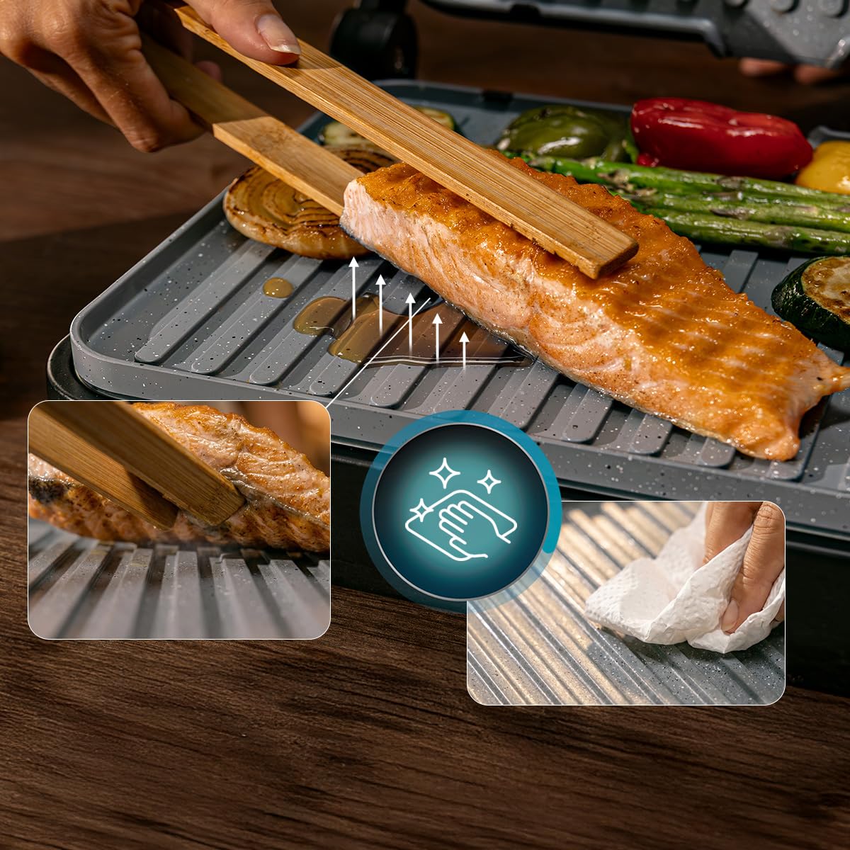 Cecotec Elektrogrill Rock'nGrill 2000 PerfectCook. 2000 W, Temperaturfühler, Touch-Steuerung, Dual-Temp, Öffnung 105 °C, Fettauffang, abnehmbare Platten, 30x23 cm, Edelstahl