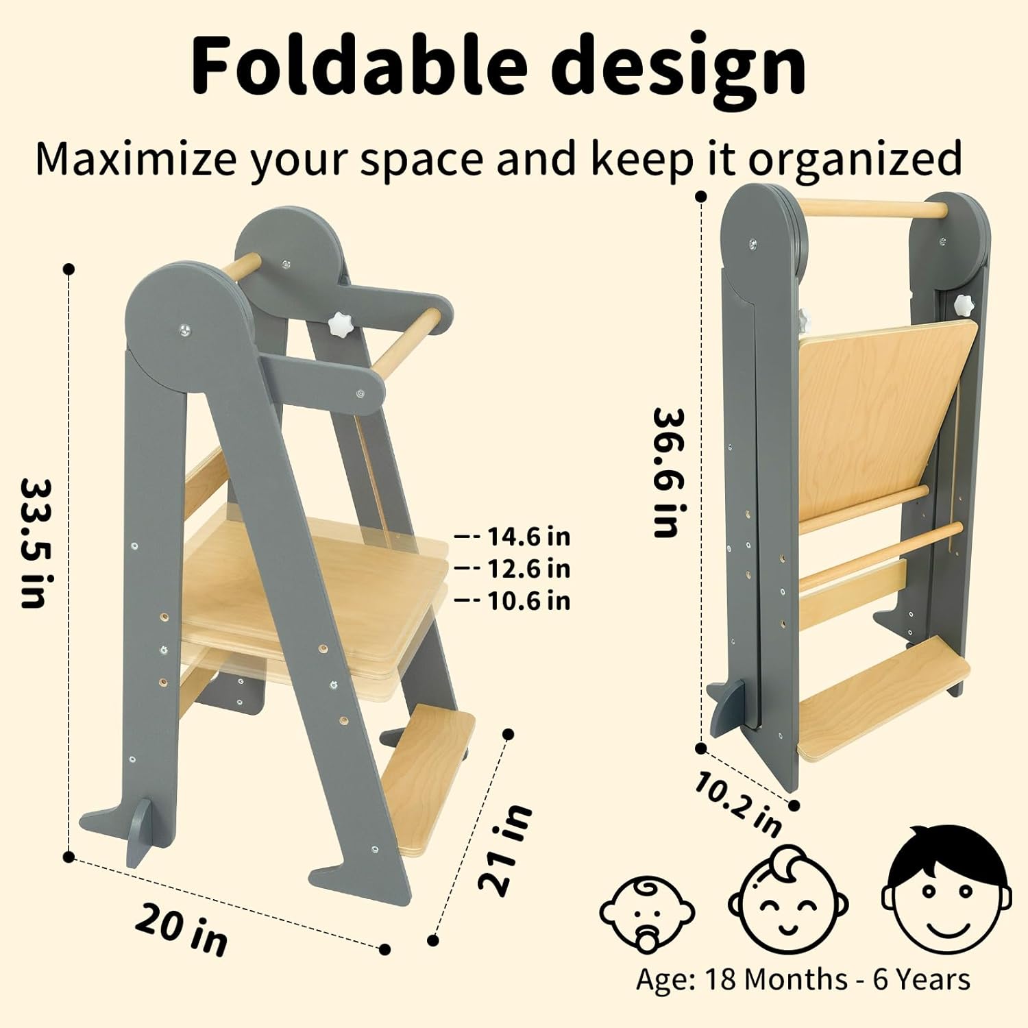 Foldable Toddler Learning Standing Tower, Kitchen Tower for Kid with 3 Adjustable Heights, Montessori Toddler Standing Tower for Kitchen Counter and Bathroom Sink (Deep Gray)