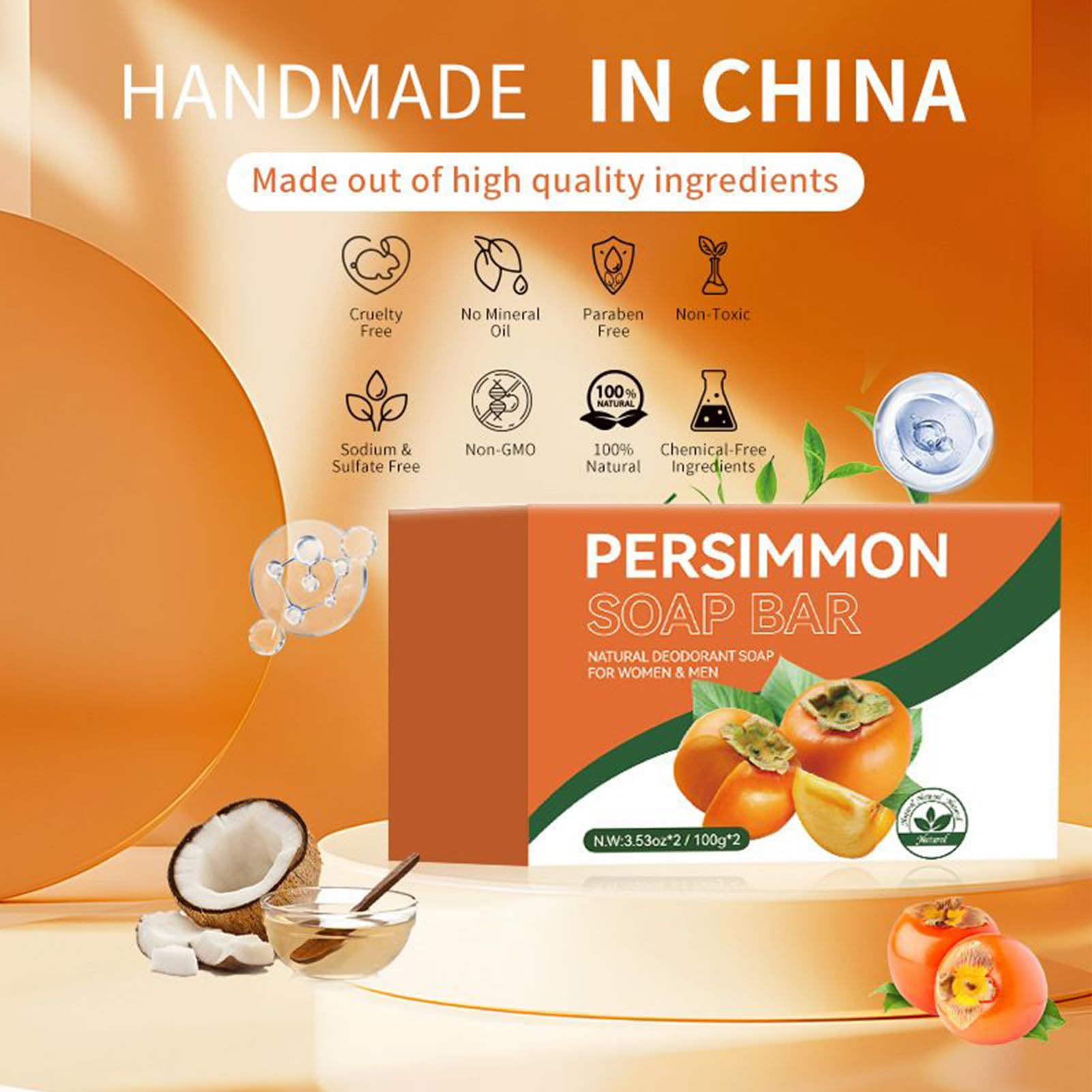 Naturalne mydło persimmon 2 x 100 g, rozjaśniające skórę mydło do mycia ciała z naturalnym neutralizującym zapachy, dla kobiet i mężczyzn, delikatne czyszczenie