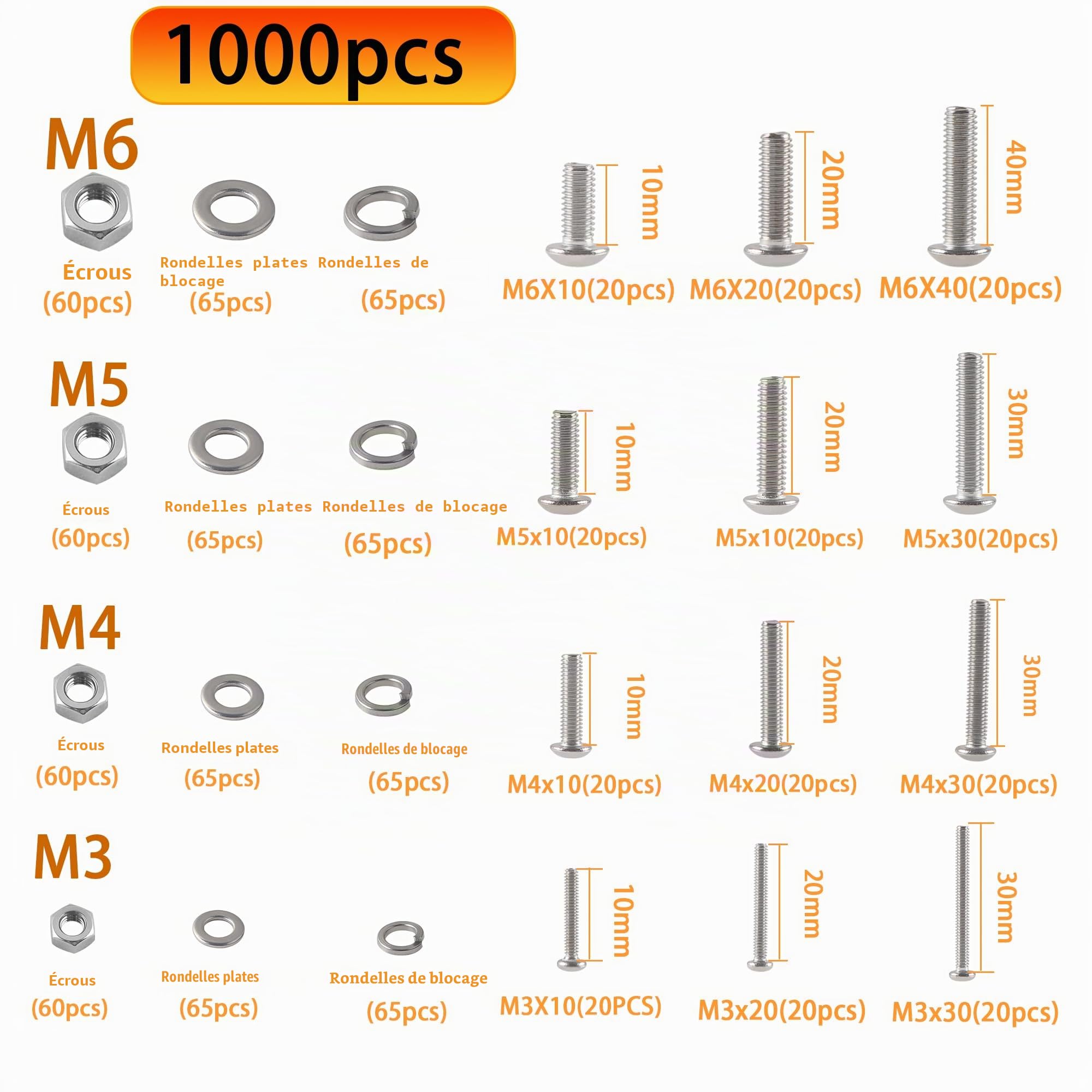 M3 M4 M5 M6 Vis et Écrous 1000pcs Acier Inoxydable 304 Boulon et Écrous Rondelles Cylindrique Vis Six Pans Creux Assortiment Kit Bricolage Atelier Garage Réparation