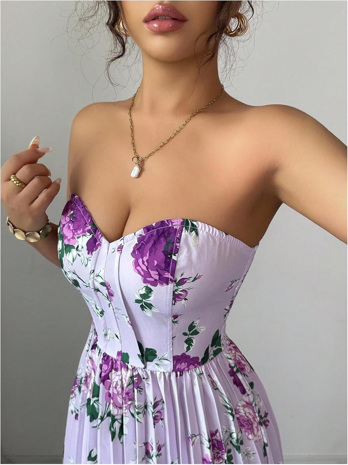 OYOANGLE Women's Boho Floral Strapless Dress Sleeveless Pleated A Line Maxi Tube Top Dresses Summer Sundress - Image 4