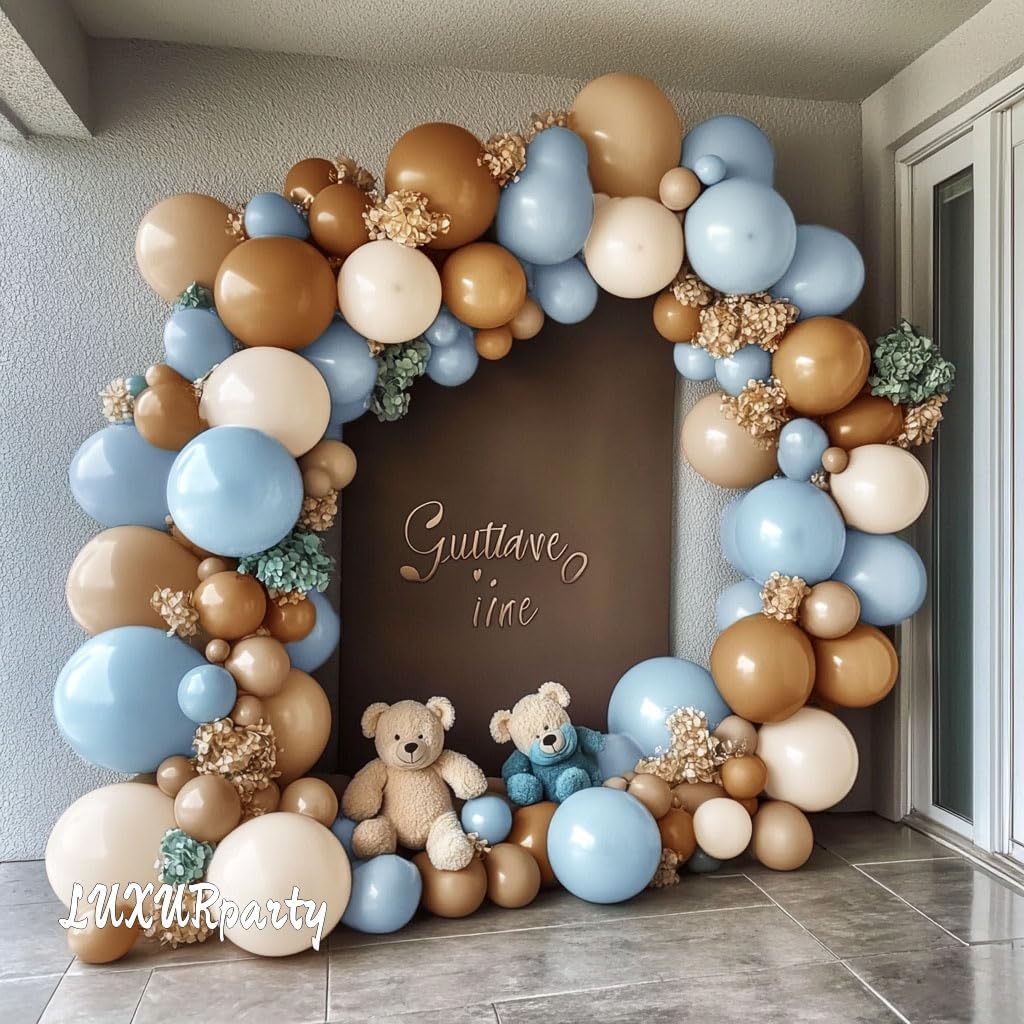 Pastel and Blue Brown Nude Balloon Garland Double Stuffed Dusty Blue Coffee Pastel Balloon Kit for Teddy Bear Baby Shower Boy Birthday Gender Reveal Boho Theme Party Decoration