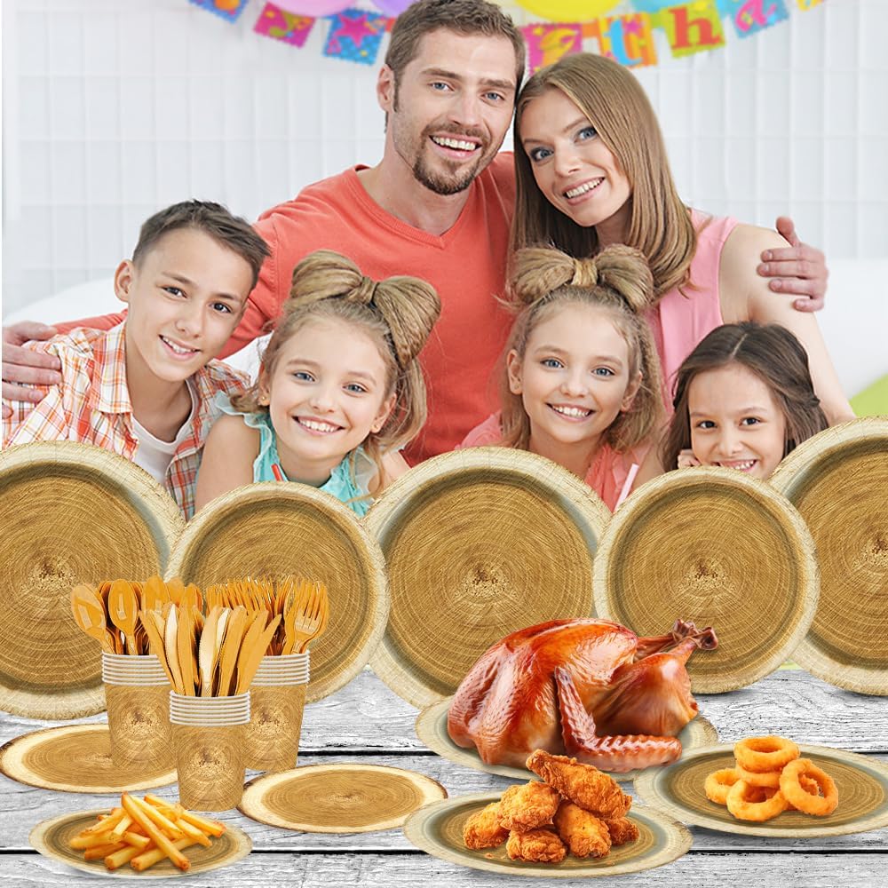 140Pcs Wood Grain Slice Tableware Set Rustic Wood Party Supplies Plates and Napkins Camping Birthday Party Decorations Paper Plates, Serve for 20 Guest