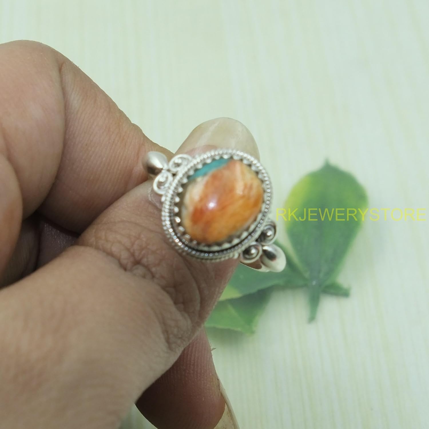 Orange Spiny Oyster Turquoise Stone Ring 925 Sterling Silver Handmade Design Statement Promise Wedding Engagement Rings Jewelry Gift for Wife Girlfriend and Her