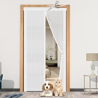 DIY Adjustable Insulated Door Curtain Fit Doors Size Width 29" - 34" Height 79" - 82"- Reinforced Self Sealing Magnetic Screen Door, Hands Free Door Screen with Closure Weighted Bottom, White