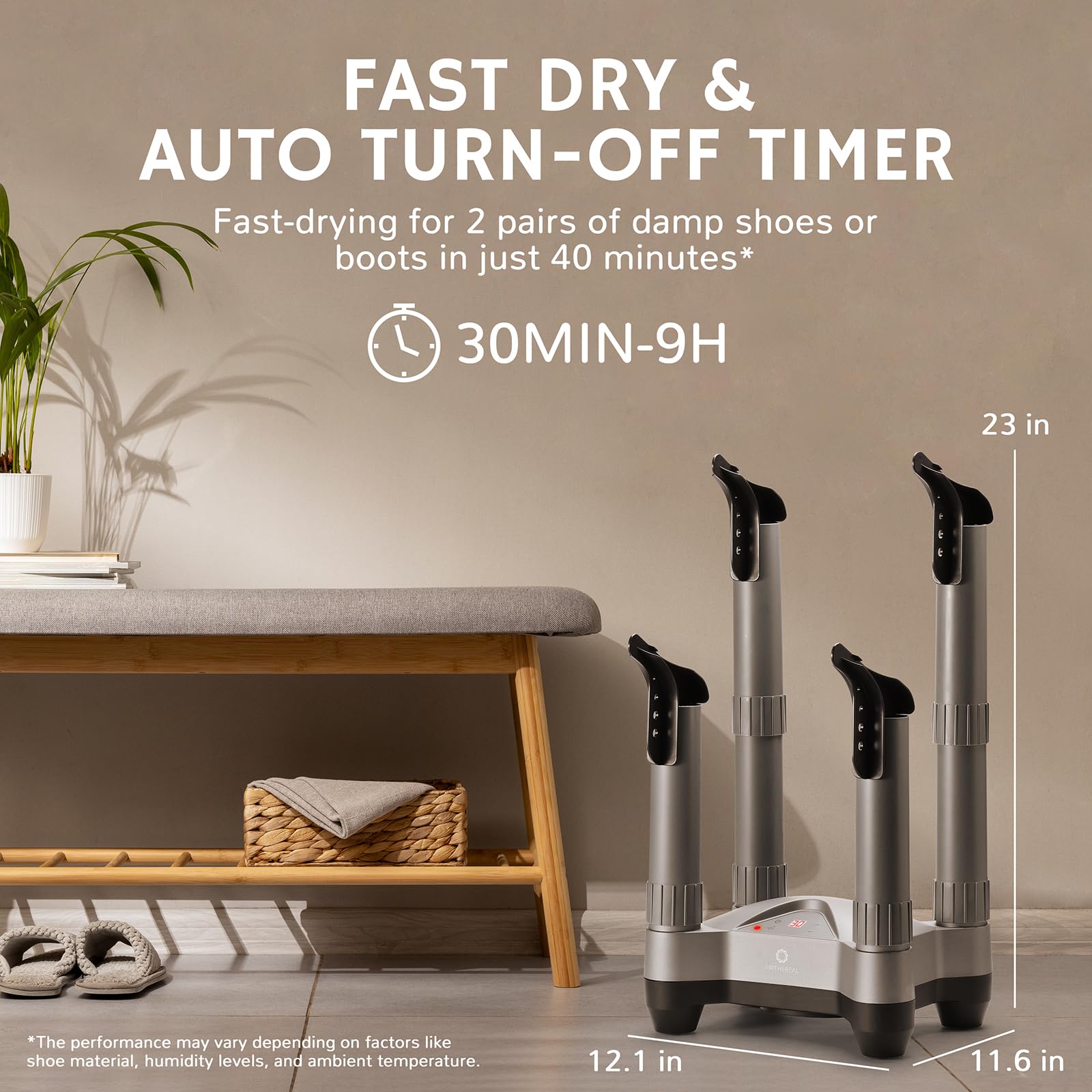 AIRTHEREAL SD20 Secador de Zapatos Eléctrico con Temporizador y Ozono | 110W para 2 Pares a la Vez | Secador Telescópico para Botas de Esquí, Calzado de Trabajo, Zapatillas y Guantes | Gris