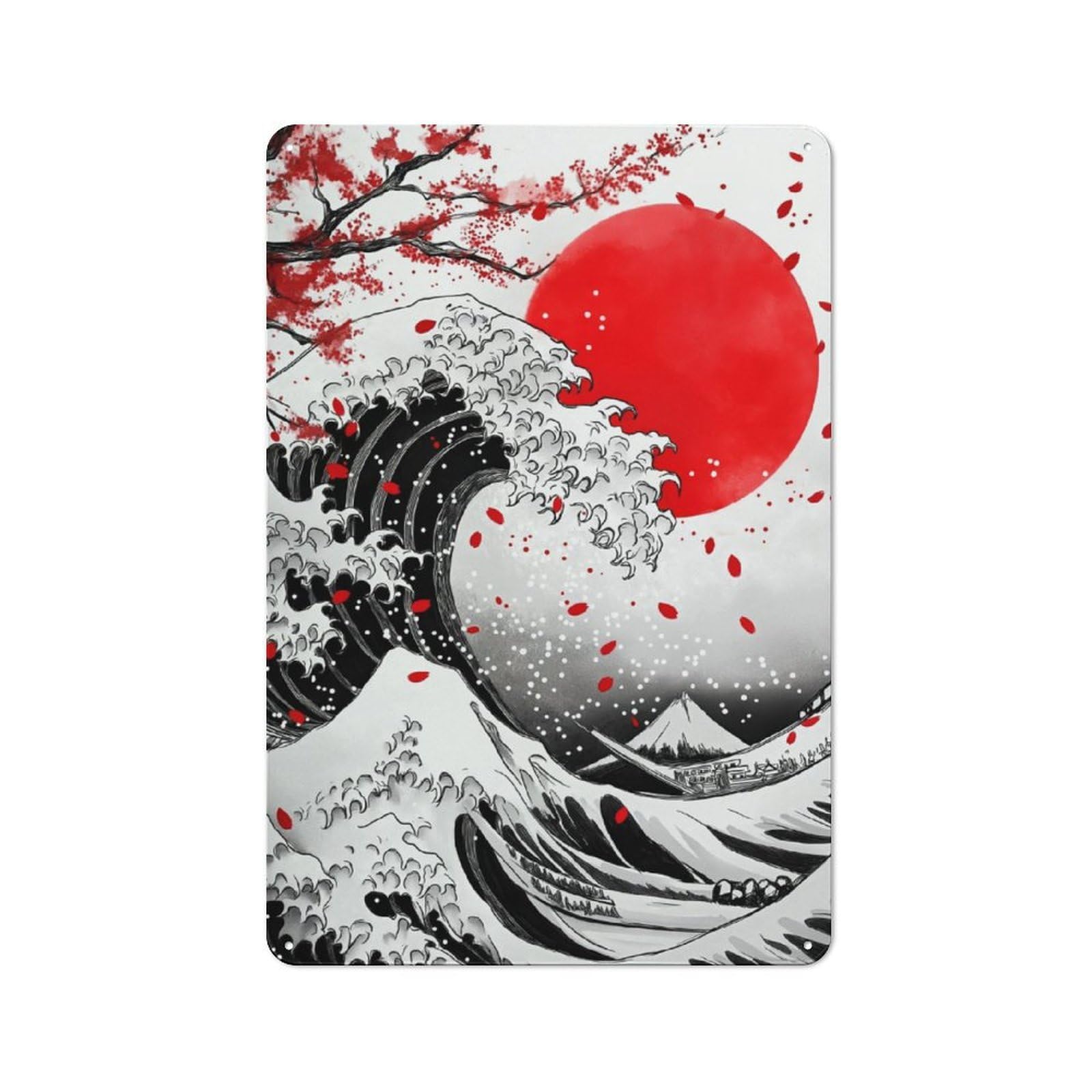 Junmoney Katsushika Hokusai Wave Red Moon Nostalgic Decorative Tin Plaque 30X20cm Featuring Classic Pub Decor For Cafe, Pub, Workshop Or Home Bar